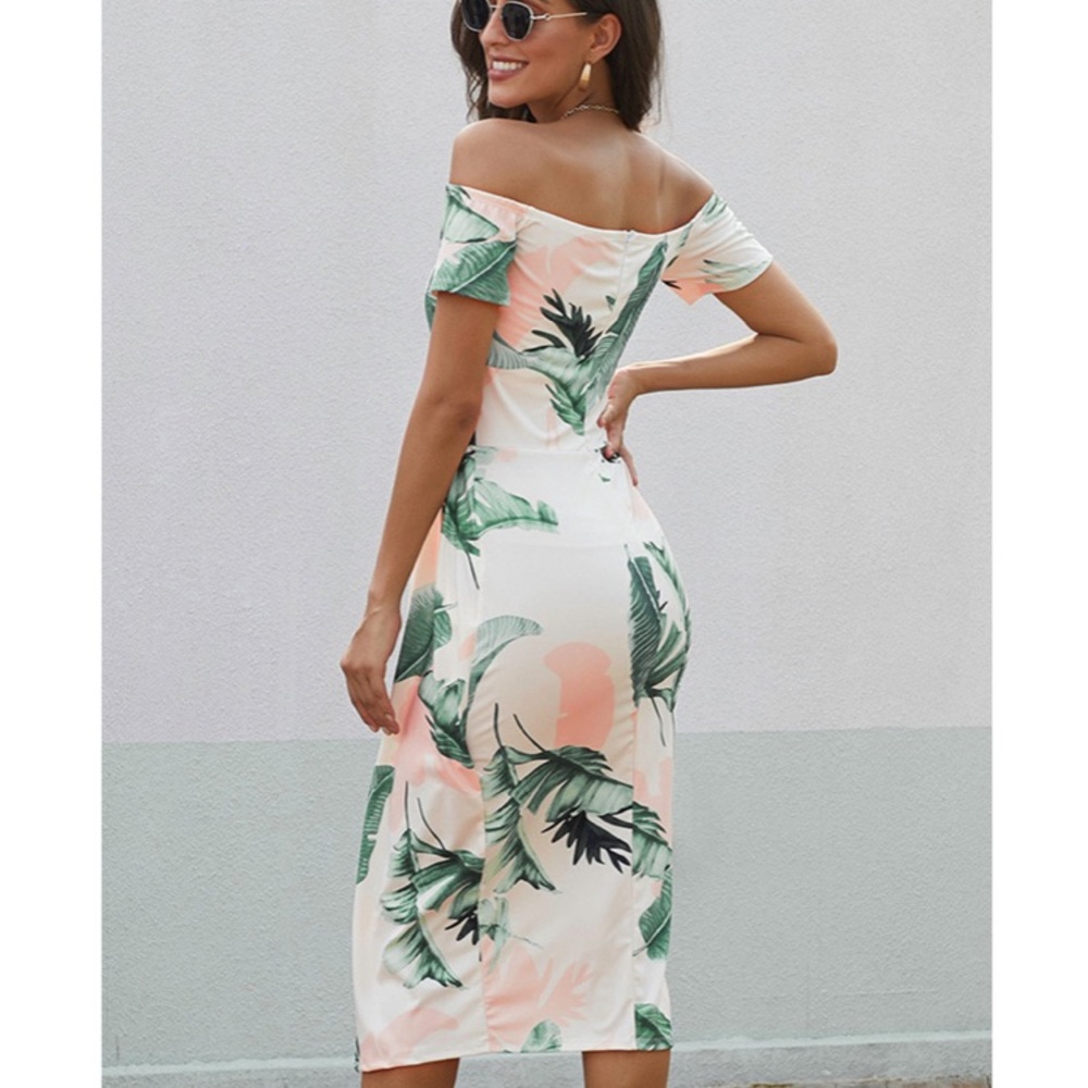 Fun cocktail dress! Leaf print Tropcial white - Picture 7 of 7